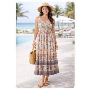 BE COOL Boho Smocked Maxi Dress Mod Retro Flower Mixed Border Print Size M NWOT